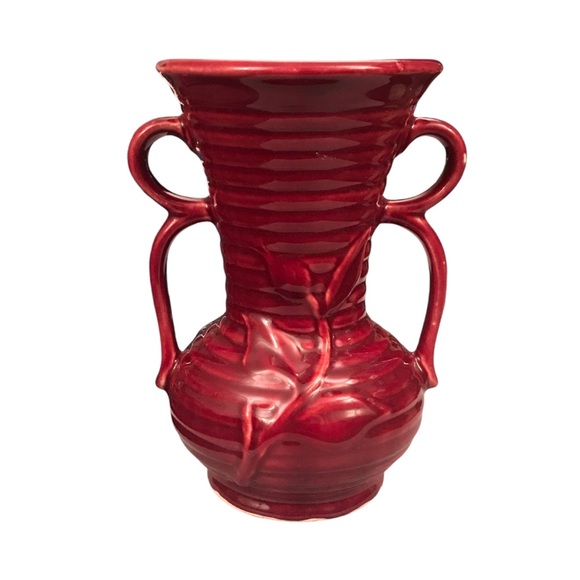 Shawnee Pottery USA Ribbed Daisy Flower Vase Cranberry Red Double Handle 7.5" - Picture 6 of 14